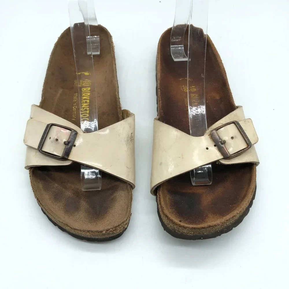Birkenstock Madrid BirkoFlor Sandals Slides Shiny Ivory 40 Womens US 9 Narrow - Picture 2 of 11